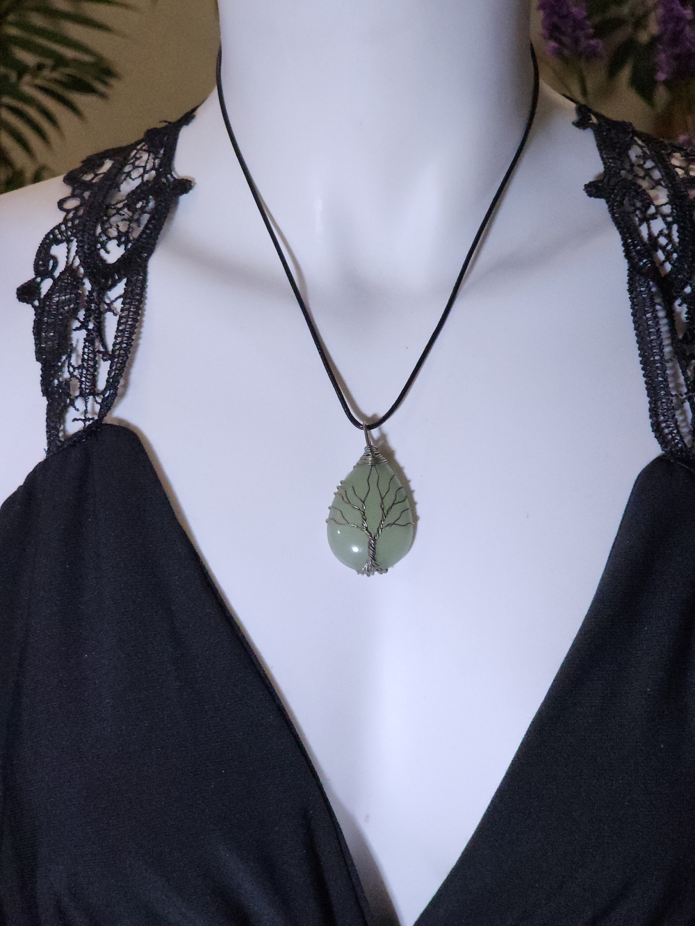 Handmade Green Teardrop Tree of Life Pendant Necklace